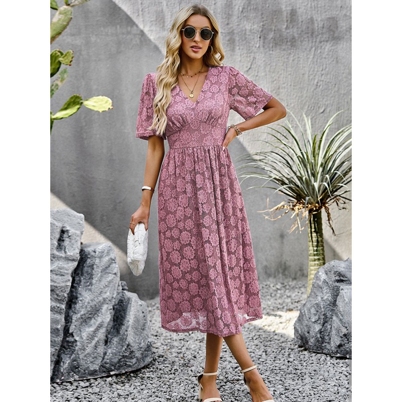 Layered Casual V-Neck Short Sleeves Lace Dresses Summer Street Wear Daily Casual