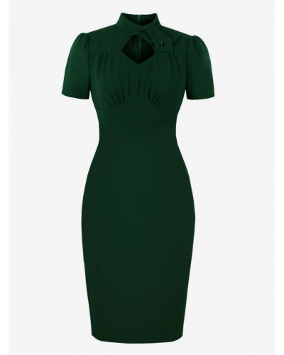 Dresses Dark Green Casual Short Sleeves Pencil Dress Bodycon Retro Summer