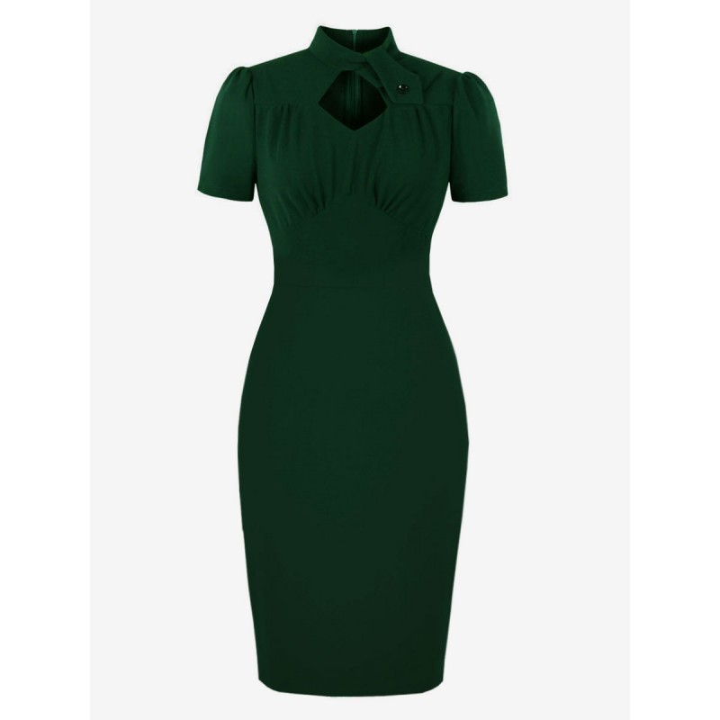 Dresses Dark Green Casual Short Sleeves Pencil Dress Bodycon Retro Summer