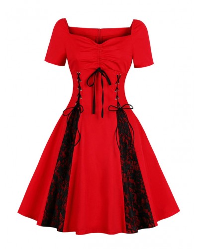 Women Red Vintage Dress Short Sleeve Lace Drawstring Lace Up Two Tone Swing Dress Daily Casual