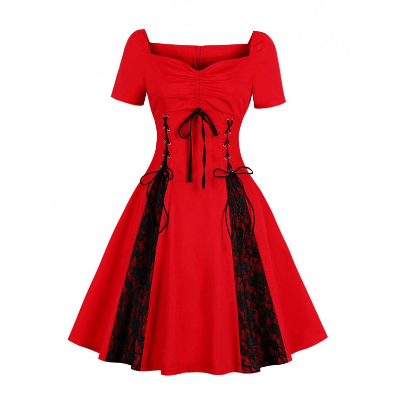 Women Red Vintage Dress Short Sleeve Lace Drawstring Lace Up Two Tone Swing Dress Daily Casual