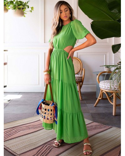 Summer Dress Jewel Neck Pleated Oversized Grass Green Long Beach Dress Maxi Street Wear Daily Casual Resort Wear