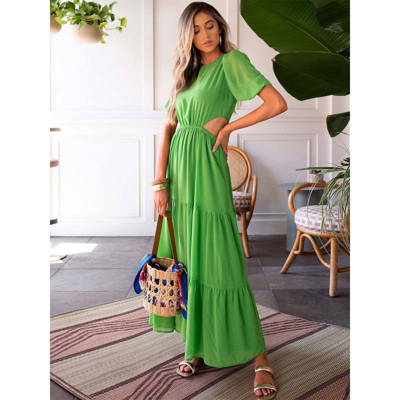 Summer Dress Jewel Neck Pleated Oversized Grass Green Long Beach Dress Maxi Street Wear Daily Casual Resort Wear