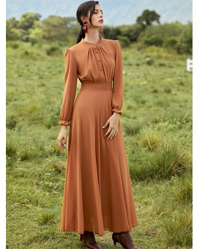 Women Jewel Neck Dress Long Sleeves Chiffon Casual Floor Length Dress Maxi Spring Fall