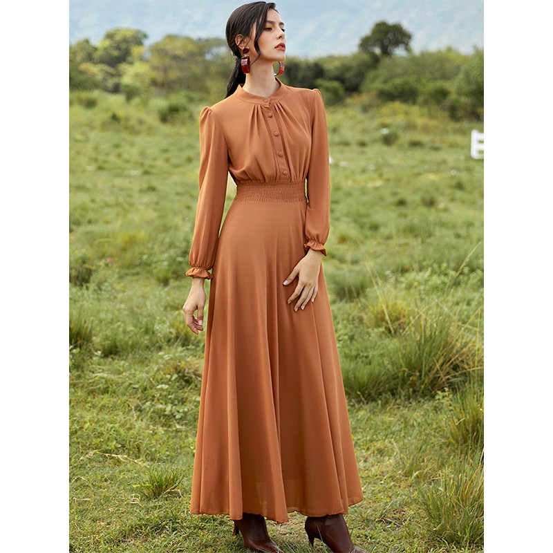 Women Jewel Neck Dress Long Sleeves Chiffon Casual Floor Length Dress Maxi Spring Fall