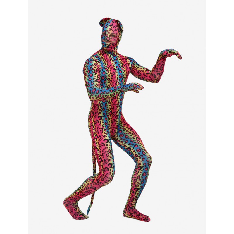 Morph Suit Multicolor Leopard Style Zentai Suit Lycra Spandex With Eyes  Mouth Opened Bodysuit