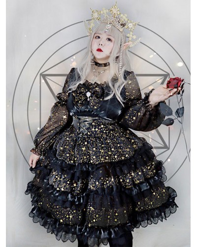 OversizedGothic Lolita Dresses Bows Ruffles Stars Print Black Black