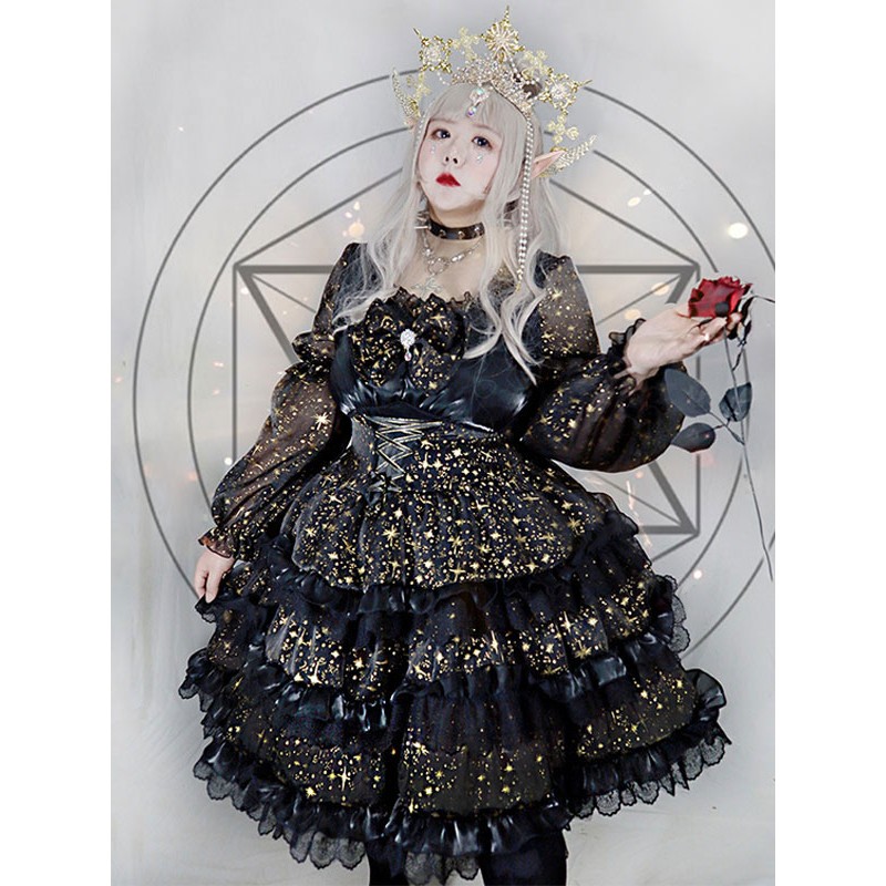 OversizedGothic Lolita Dresses Bows Ruffles Stars Print Black Black