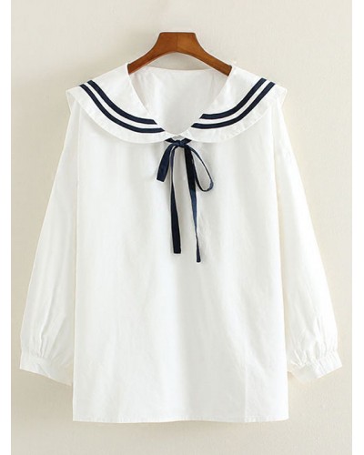 White Bow Stripes Cotton Lolita Shirt For Women Sweet Daily Casual