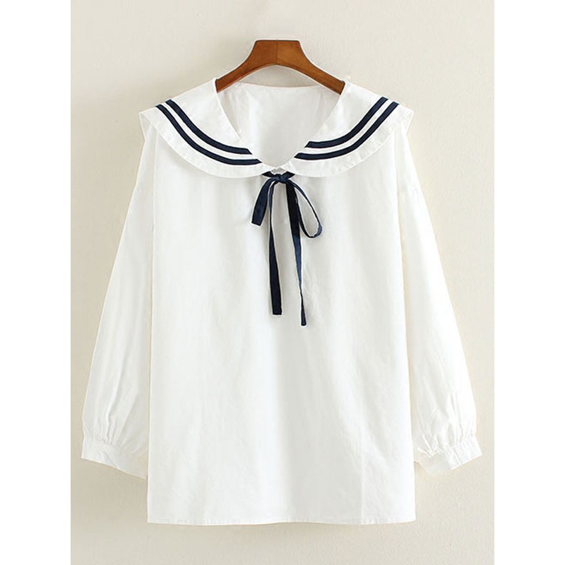 White Bow Stripes Cotton Lolita Shirt For Women Sweet Daily Casual