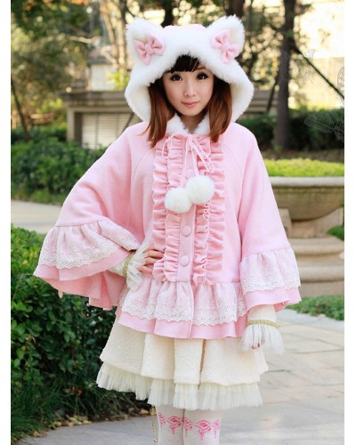 Sweet Lolita Poncho Coat Pink Hooded Cat Ear Ruffles Winter Wool Coat