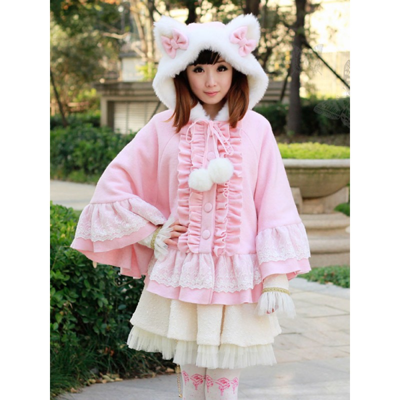 Sweet Lolita Poncho Coat Pink Hooded Cat Ear Ruffles Winter Wool Coat