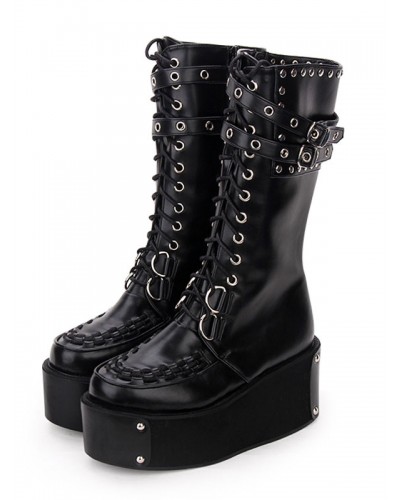 Gothic Lolita Boots Rivet Grommet Buckle Lace Up Zipper Platform Black Lolita Footwear Shoes Punk