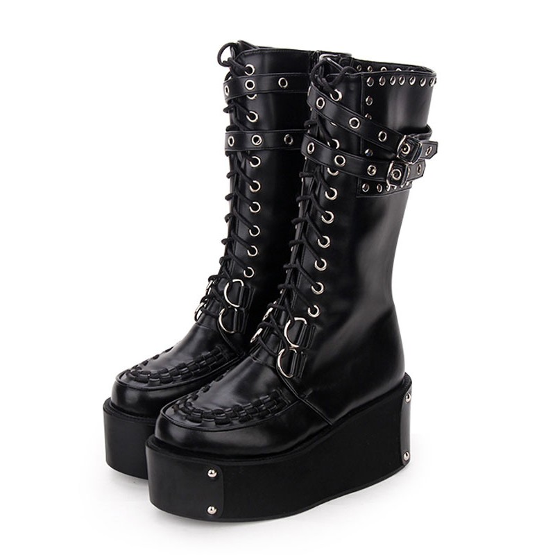 Gothic Lolita Boots Rivet Grommet Buckle Lace Up Zipper Platform Black Lolita Footwear Shoes Punk