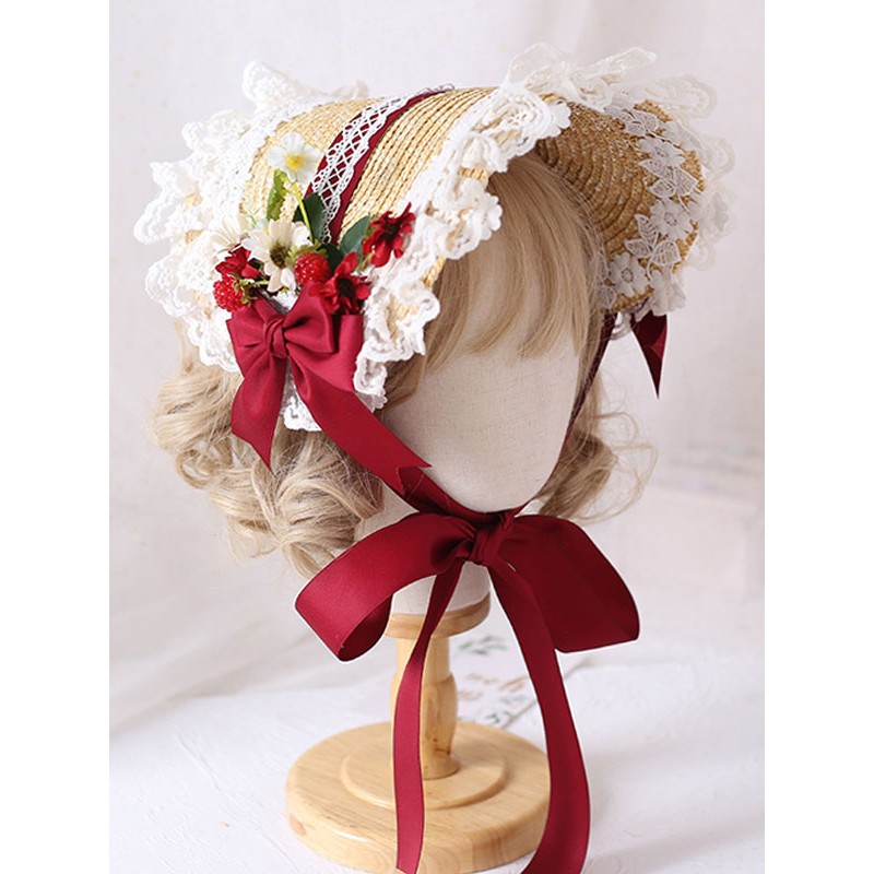 Sweet Lolita Bonnet Lace Bow Flowers Lolita Hat Accessories Daily Casual