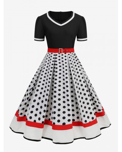 Dress V-Neck Sash 1950s Audrey Hepburn Style Layered Short Sleeves Polka Dot Medium White Swing Dress Vintage Retro Summer