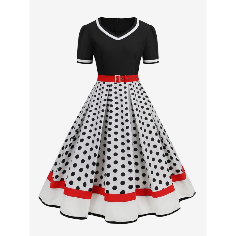 Dress V-Neck Sash 1950s Audrey Hepburn Style Layered Short Sleeves Polka Dot Medium White Swing Dress Vintage Retro Summer