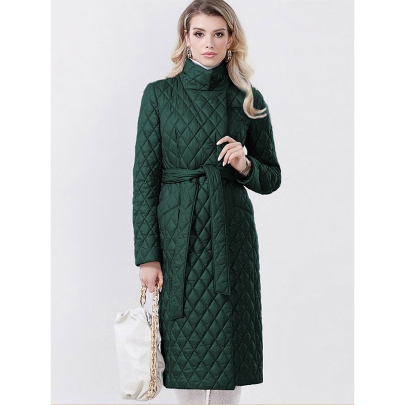 Women Coat Stand Collar Belted Diamond Quilting Outerwear Quilted Coat Fall Winter Street Wear Daily Casual