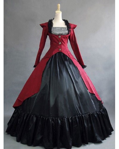 Women Victorian Dress Costume Long Sleeves Red Ball Gown 's Ruffle Button Victorian Era Clothing Retro Clothing Costumes Carnival ROCOCO