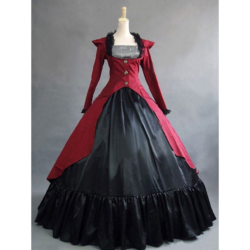 Women Victorian Dress Costume Long Sleeves Red Ball Gown 's Ruffle Button Victorian Era Clothing Retro Clothing Costumes Carnival ROCOCO