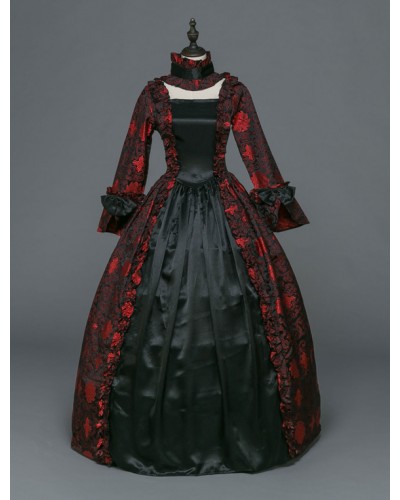 Women Victorian Dress Costume 's Masquerade Ball Gowns Dark Red Floral Long Sleeves With Choker Victorian Era Clothing With Hat Retro Costumes Halloween Sets Baroque