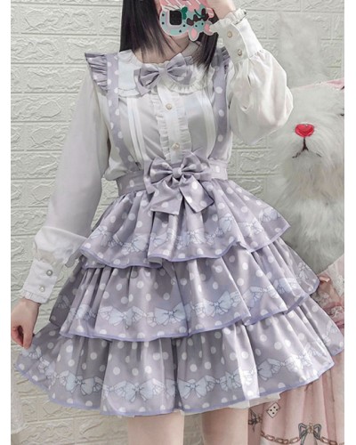 Lolita SK Light Sky Blue Lace Ruffles Polka Dot Bow Lace Lolita Skirts Sweet Spring Summer Fall