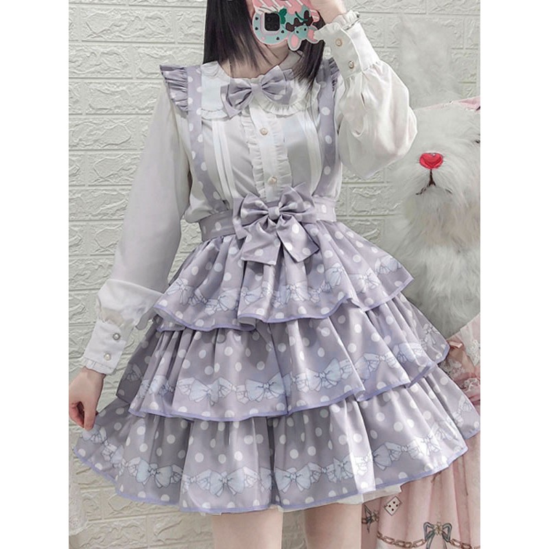 Lolita SK Light Sky Blue Lace Ruffles Polka Dot Bow Lace Lolita Skirts Sweet Spring Summer Fall