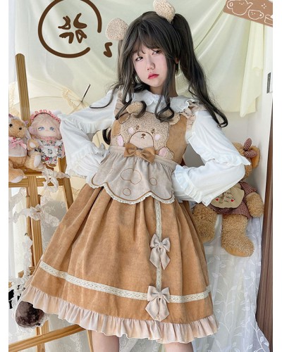 Sweet Lolita Dress Corduroy Sleeveless Ruffles Jumper Skirt Dress