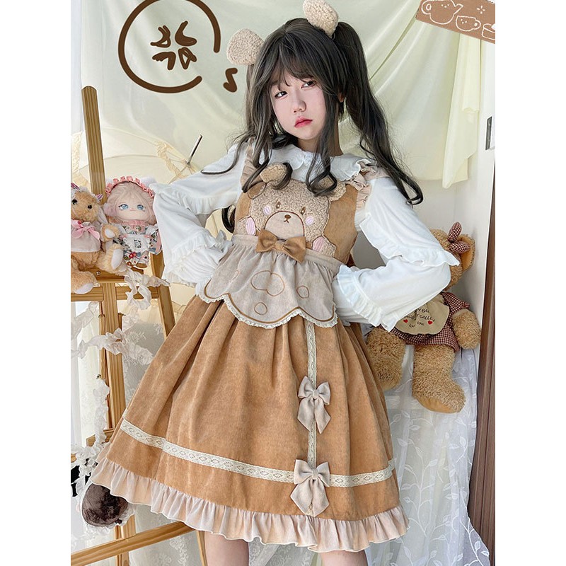 Sweet Lolita Dress Corduroy Sleeveless Ruffles Jumper Skirt Dress