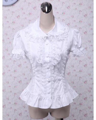 Sweet White Cotton Lolita Blouse Short Sleeves Layered Lace Trim Turn-down Collar