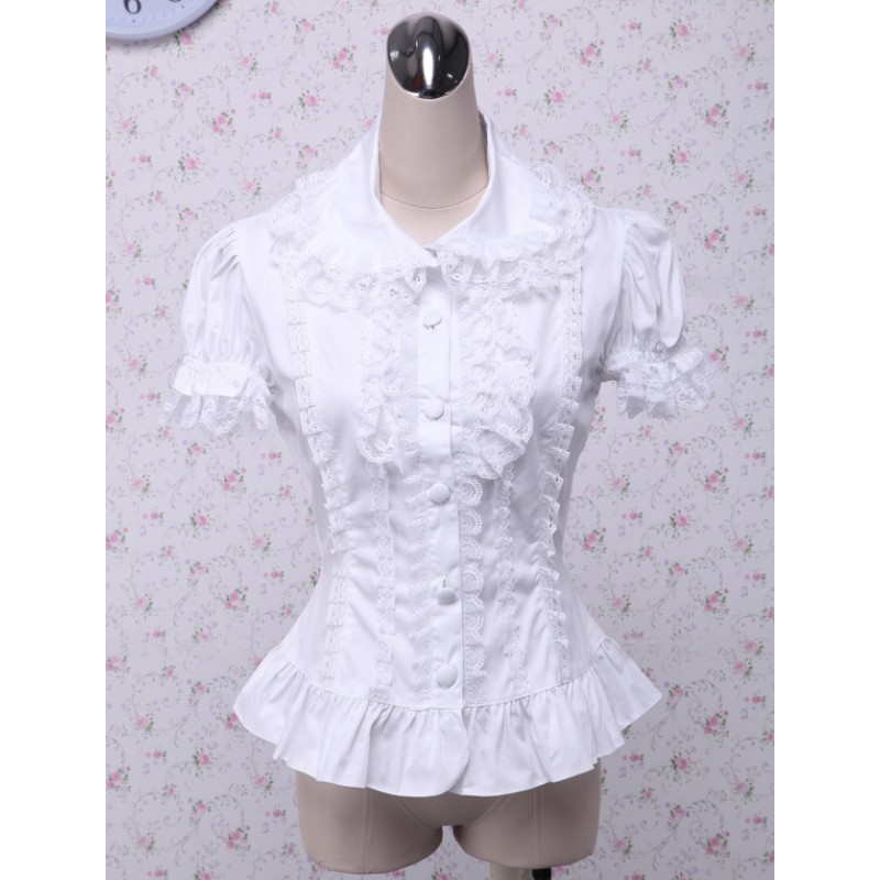 Sweet White Cotton Lolita Blouse Short Sleeves Layered Lace Trim Turn-down Collar