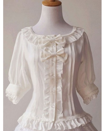 Classic Lolita Blouses Magic Chiffon Ruffles Lace Scoop Neck Bell Sleeve White Lolita Top Tops Classic  Traditional Spring Summer Fall Tea Party