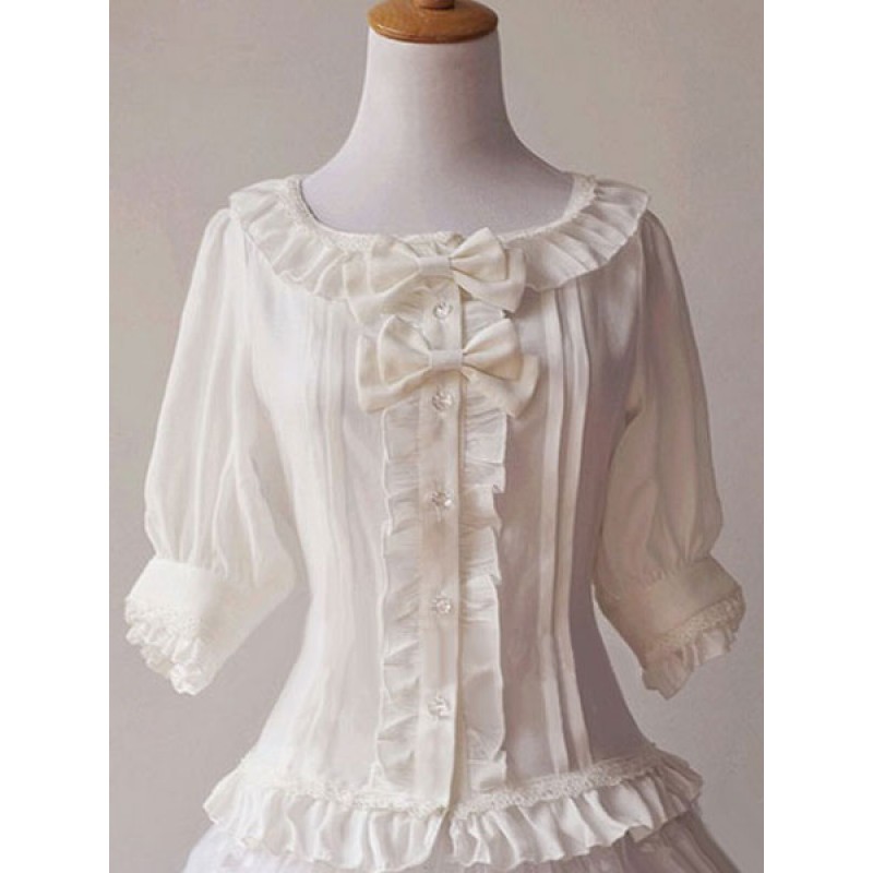 Classic Lolita Blouses Magic Chiffon Ruffles Lace Scoop Neck Bell Sleeve White Lolita Top Tops Classic  Traditional Spring Summer Fall Tea Party