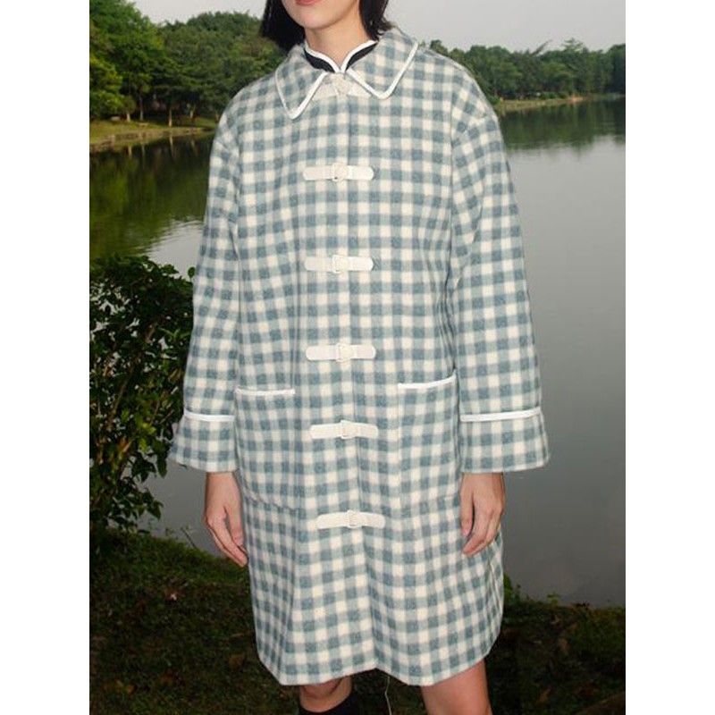 Classic Lolita S Baby Blue Metal Details Plaid Overcoat Synthetic Lolita Outwears Coat Sweet Classic  Traditional Tea Party