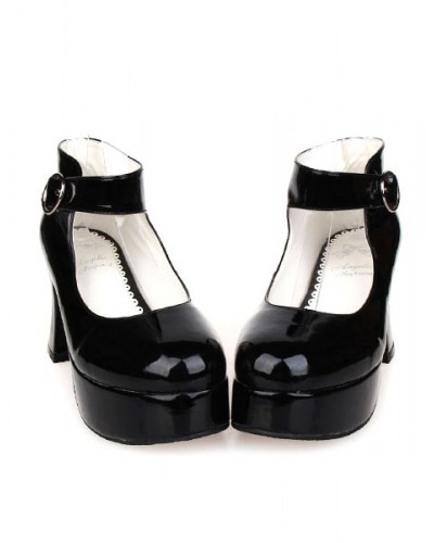 Glossy Black High Chunky Heels Lolita Shoes Platform Ankle Strap Buckle Daily Casual