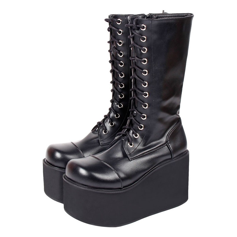 Harajuku Fashion Lolita Mid Calf Boots Black Round Toe Wedge Heel PU Leather Lolita Footwear Daily Casual