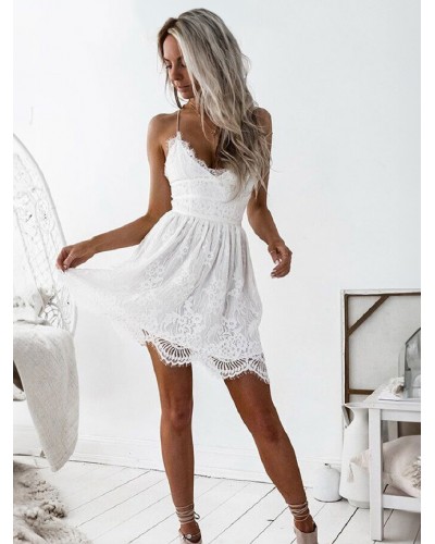 White Lace Dress Boho Dress Women V Neck Lace Up Backless Slip Dress Summer Honeymoon