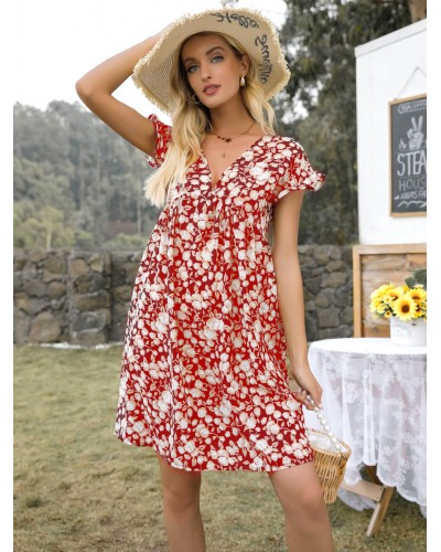 Women Dress Red V-Neck Floral Print Beach Dress Vintage Summer