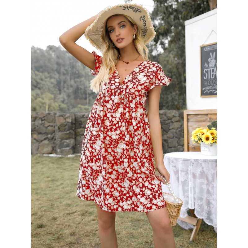 Women Dress Red V-Neck Floral Print Beach Dress Vintage Summer