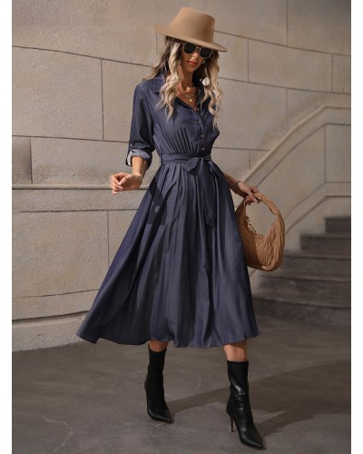 Women Dresses Turndown Collar Long Sleeves Buttons Belted Midi Dress Shirt Spring Fall