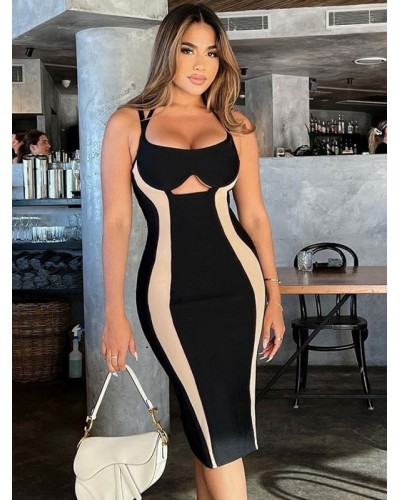 Women Bodycon Dresses Split Color Two-Tone Sleeveless Cut Out U-Neck Backless Slim Fit Sheath Dress Sexy Summer