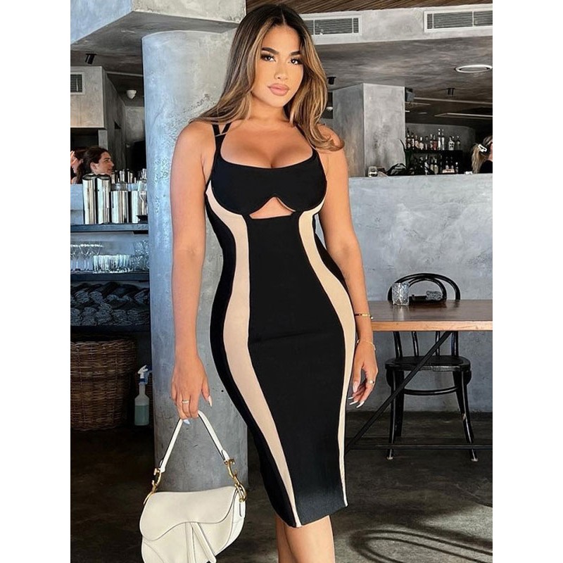 Women Bodycon Dresses Split Color Two-Tone Sleeveless Cut Out U-Neck Backless Slim Fit Sheath Dress Sexy Summer