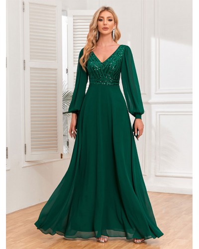 Women Party Dresses V-Neck Long Sleeves Sequins A-Line Dress Maxi Spring Fall Winter