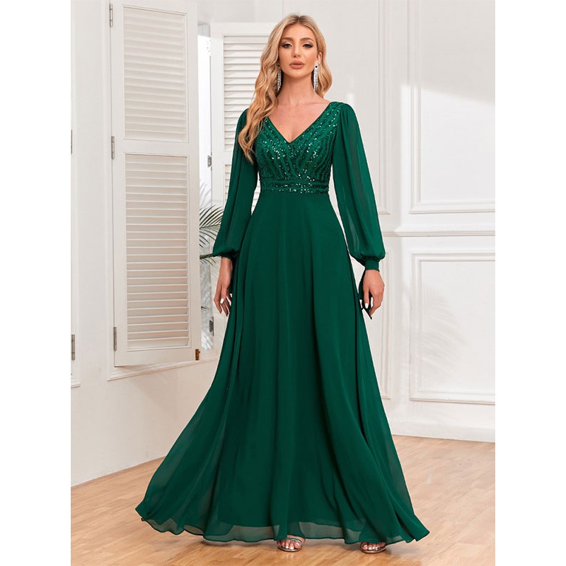 Women Party Dresses V-Neck Long Sleeves Sequins A-Line Dress Maxi Spring Fall Winter