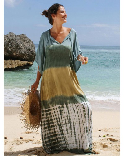 Summer Dresses Hunter Green Color Block V-Neck Half Sleeves Maxi Dress Casual Bohemian