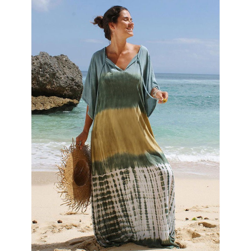 Summer Dresses Hunter Green Color Block V-Neck Half Sleeves Maxi Dress Casual Bohemian