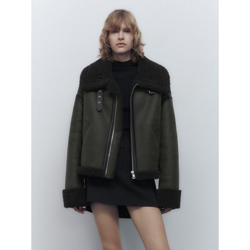 Women Double Faced Jacket Dark Green Jacket Outerwear Moto Fall Winter Street Wear Field