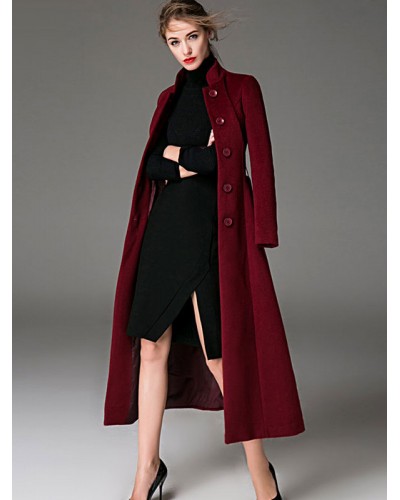 Women Long Coat Burgundy Sash Outerwear Urban Winter Street Wear Night Out