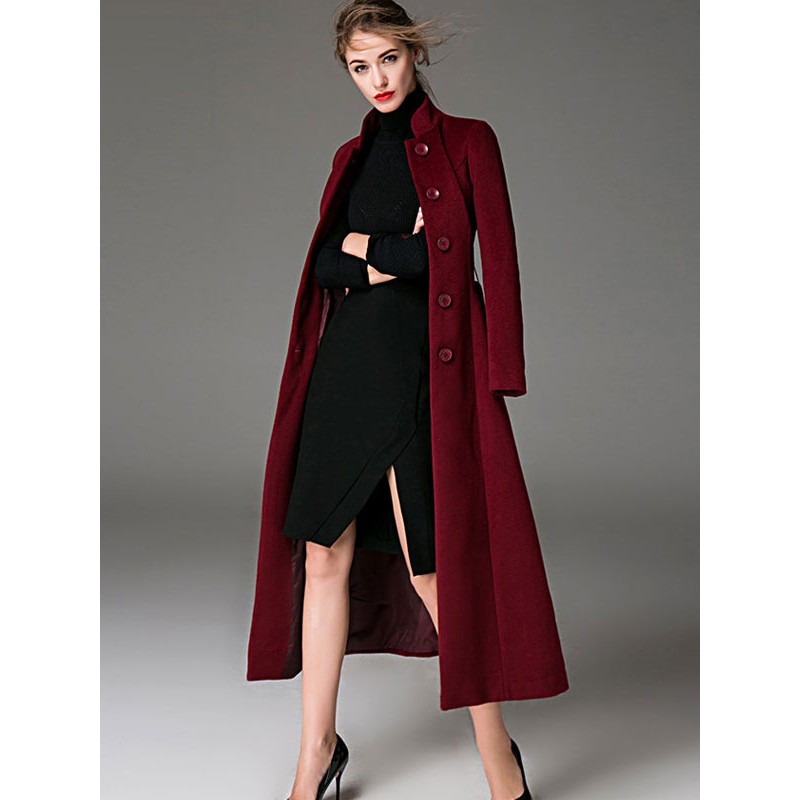 Women Long Coat Burgundy Sash Outerwear Urban Winter Street Wear Night Out