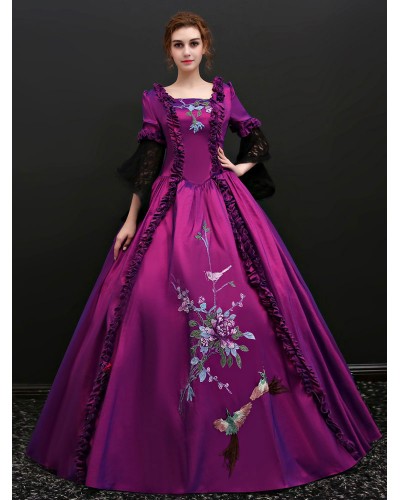 Victorian Dress Costume Women's Purple Lace Ruffles Flowers Dress ROCOCO Style Marie Antoinette Trumpet Long Sleeves Square Neckline Victorian Era Clothing Century Costume Halloween Royal